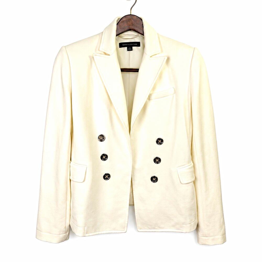 Tommy Hilfiger XS Ivory Double Breasted Blazer Crest Buttons Stretch Knit